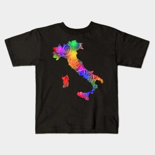 Colorful mandala art map of Italy with text in multicolor pattern Kids T-Shirt